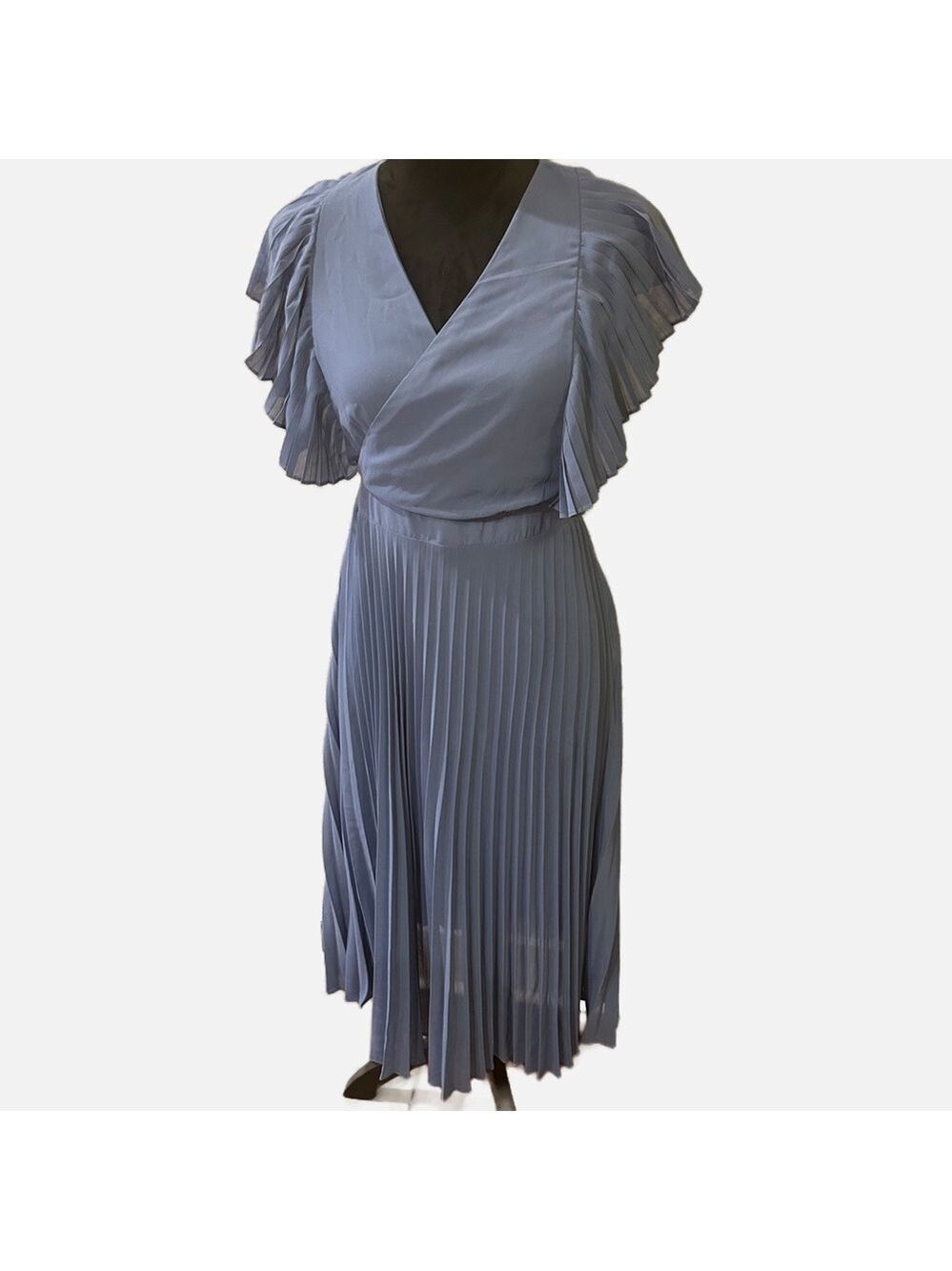 IVY CITY CO Dress Small Pleated Cocktail Maxi V Neck Blue Zip Closure